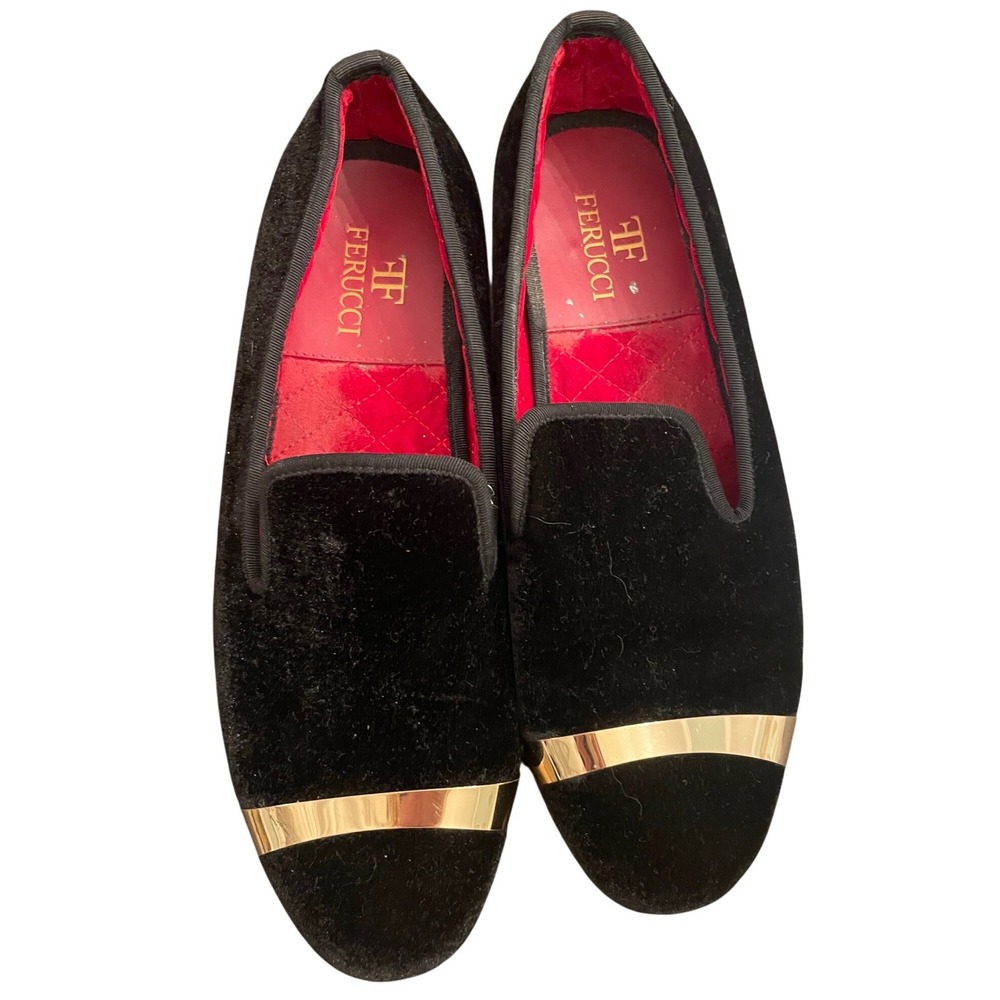 FERUCCI Mens Plain Black Velvet with Gold Toe Slipper loafers size 10